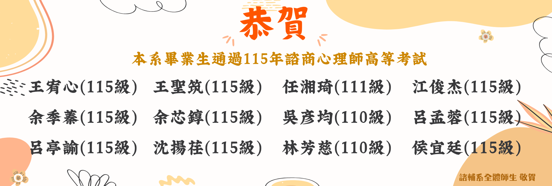 賀！諮輔系系友通過115年諮商心理師考試